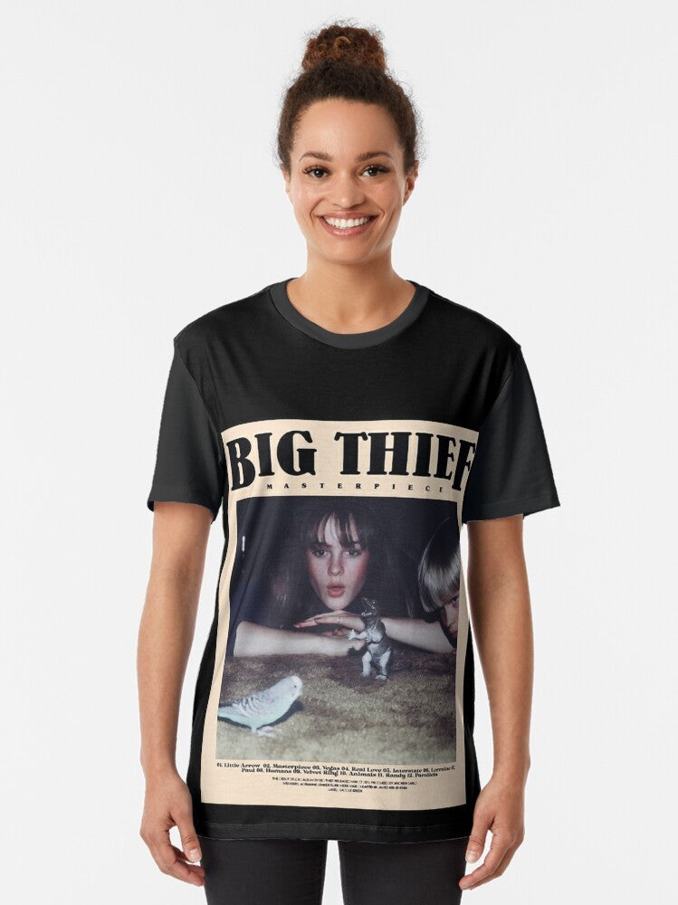 Big Thief indie music, folk music, and alternative music band graphic t-shirt design featuring the band's name and logo. - Women