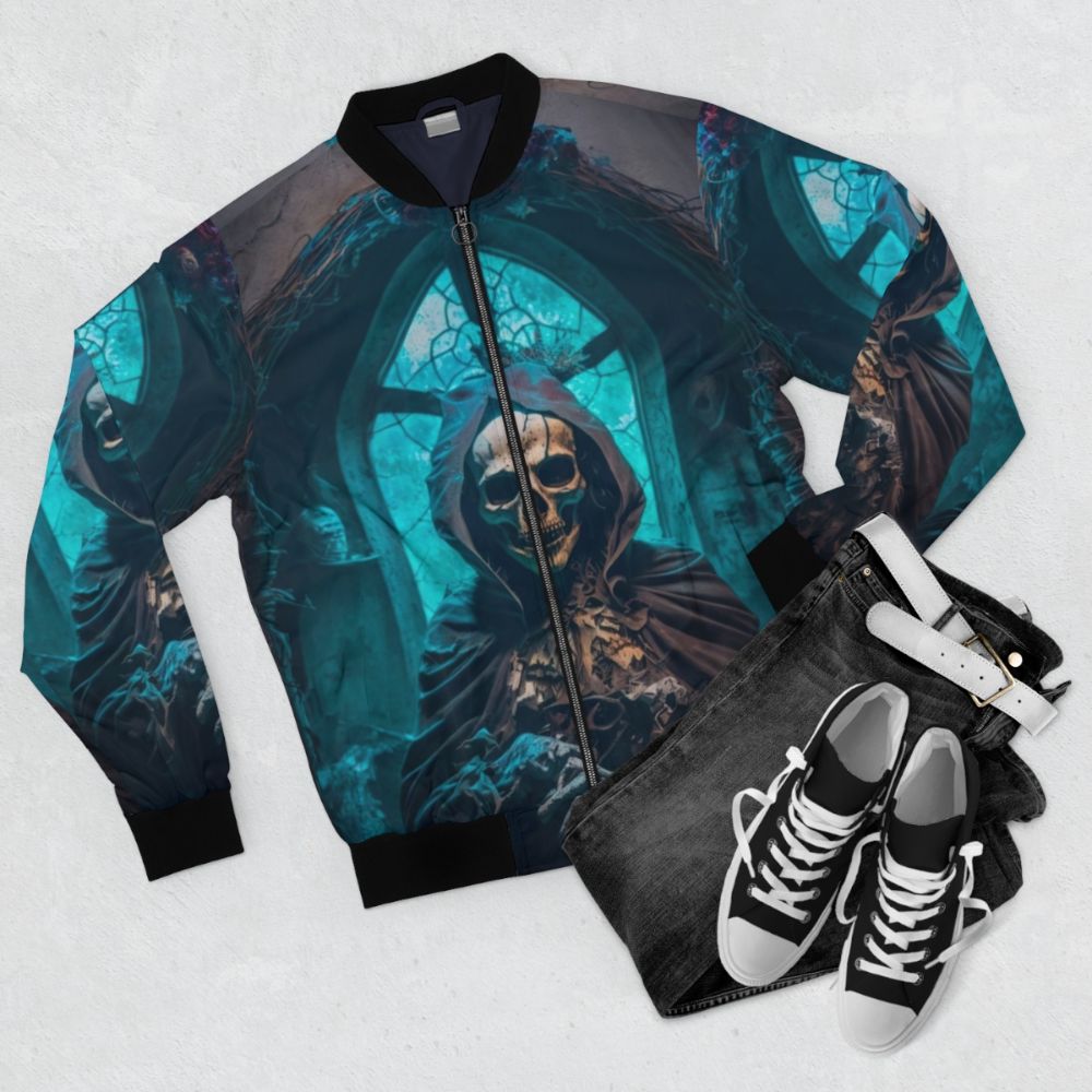 Gothic Skeleton Skull Priest in Dark Church Bomber Jacket - Flat lay