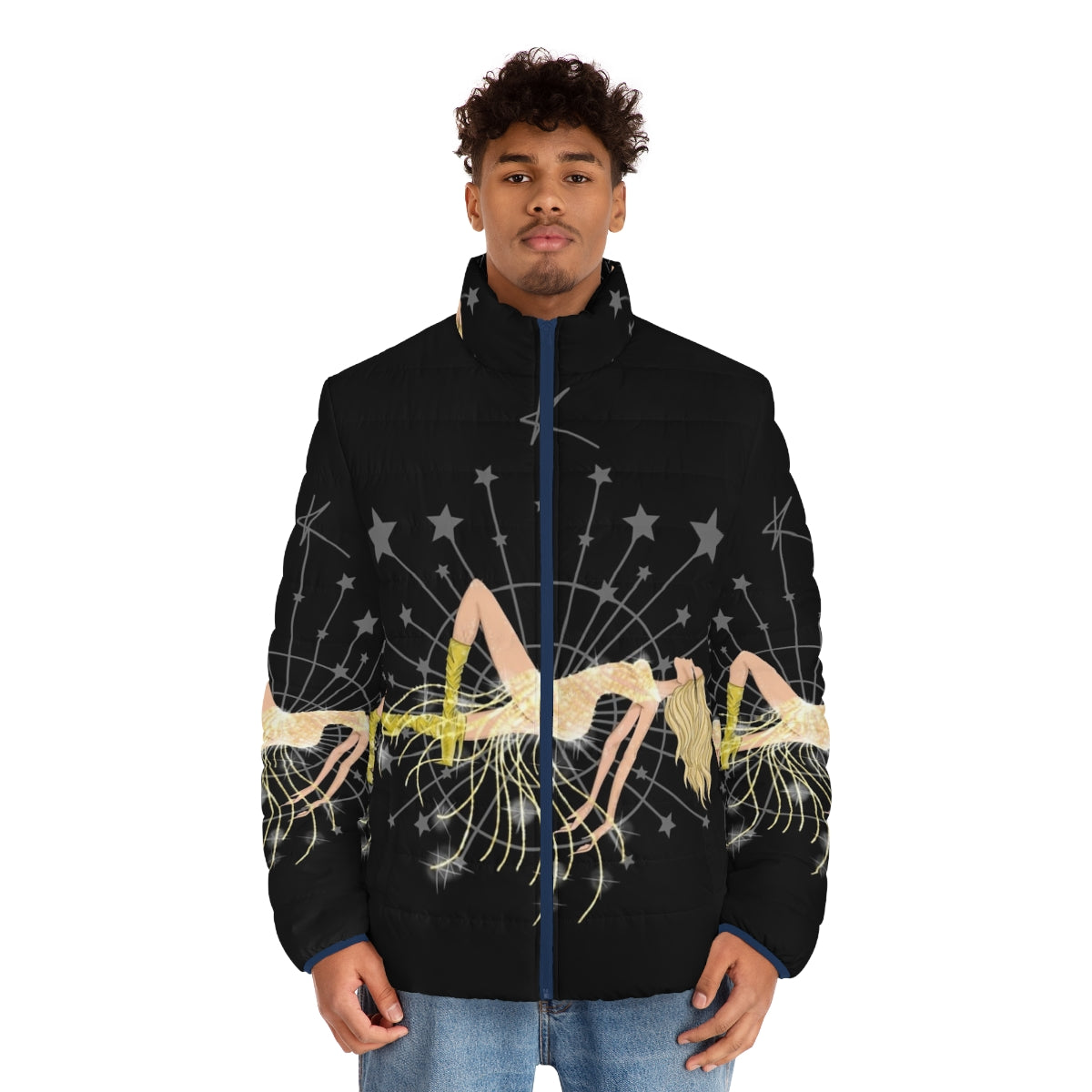 Shimmering Vegas High Puffer Jacket in a pop art style, featuring stars and Kylie Minogue inspiration - men front