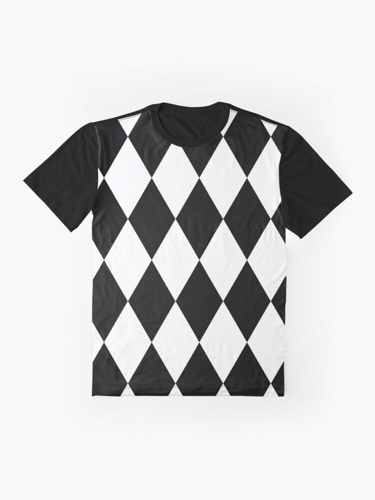 Harlequin Diamonds Graphic T-Shirt with a bold, monochrome diamond pattern - Flat lay