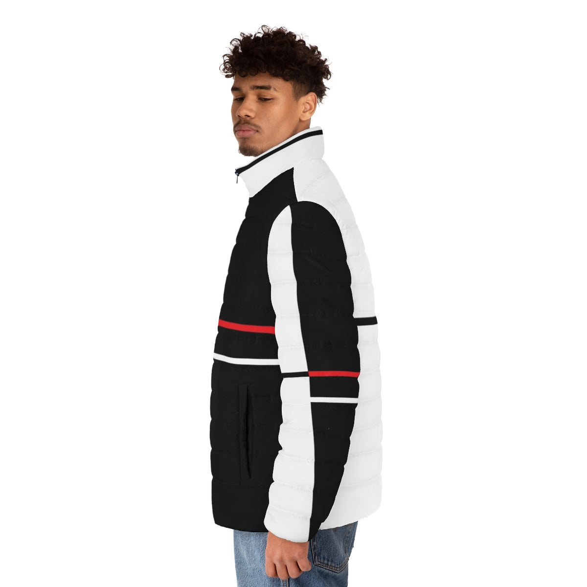 Monochrome minimalist puffer jacket with geometric abstract design inspired by Danganronpa video game - men side left