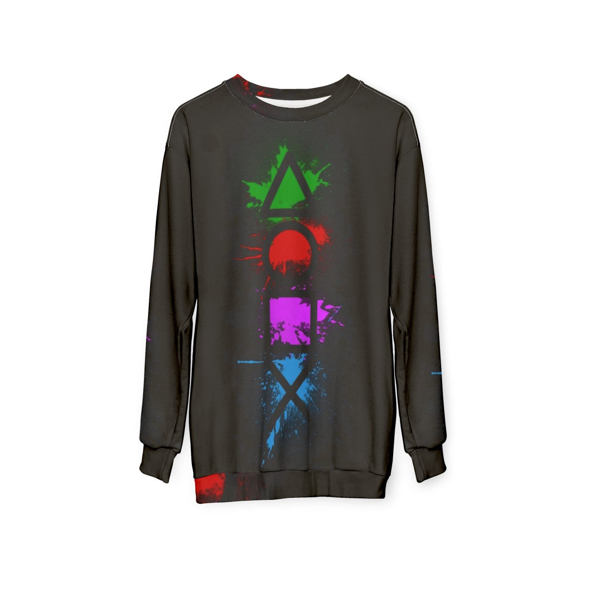 Playstation controller buttons splatter design on a cozy sweatshirt - hanging