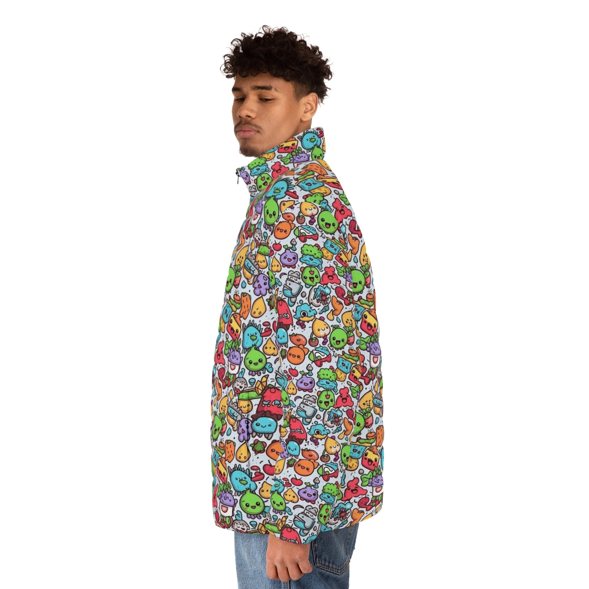 Hobbies puffer jacket with vibrant cartoon graphics of pineapple, snacks, and zoo animals - men side left