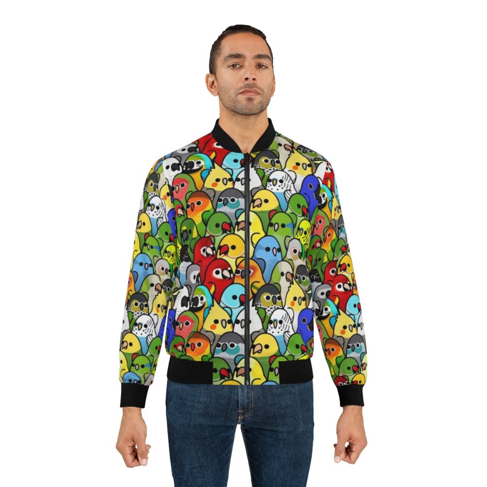 Stylish bird print bomber jacket featuring a flock of colorful birds - Lifestyle