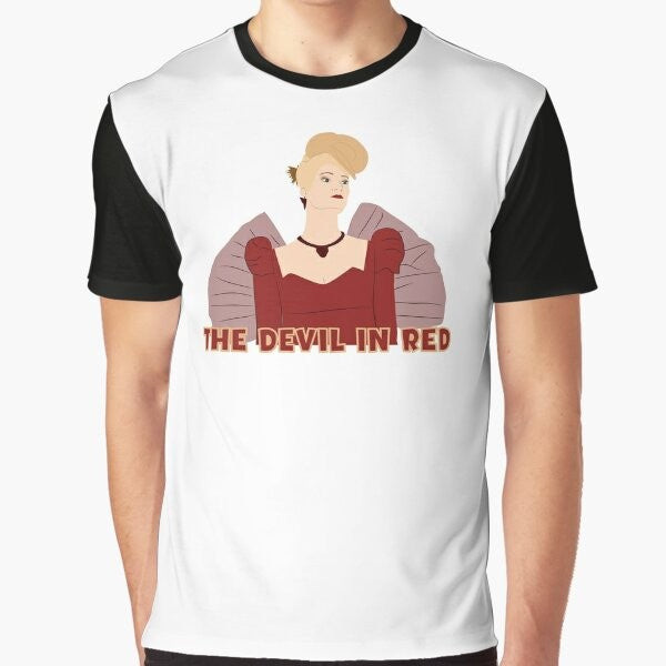 Bridgerton Netflix graphic t-shirt featuring the character Cressida Cowper in a red dress