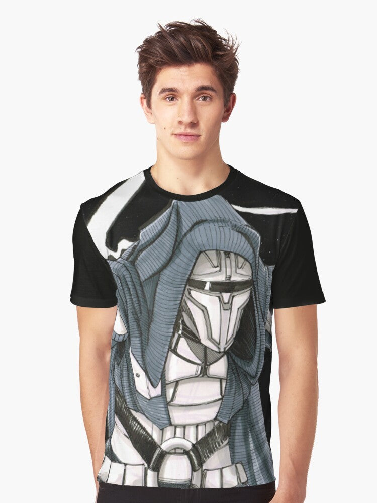 Darth Revan, a powerful Sith Lord from the Star Wars universe, featured on a high-quality graphic t-shirt. - Men