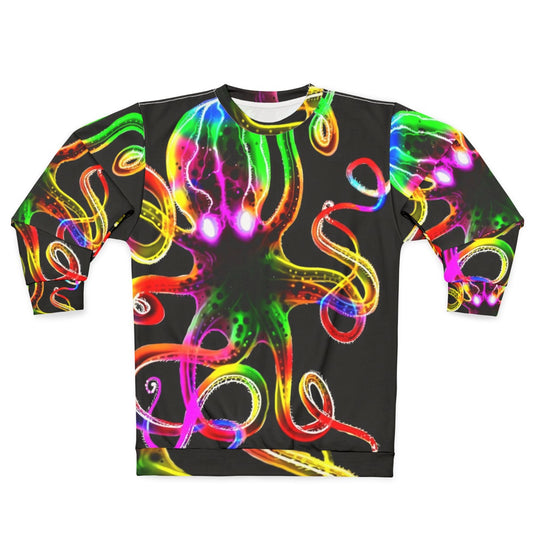 A vibrant rainbow octopus glowing in the dark on a sweatshirt