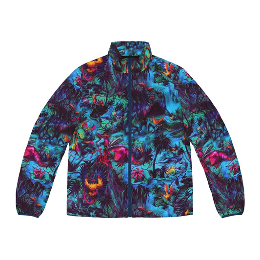 Colorful and vibrant paleo party puffer jacket featuring dinosaur and prehistoric fanart design