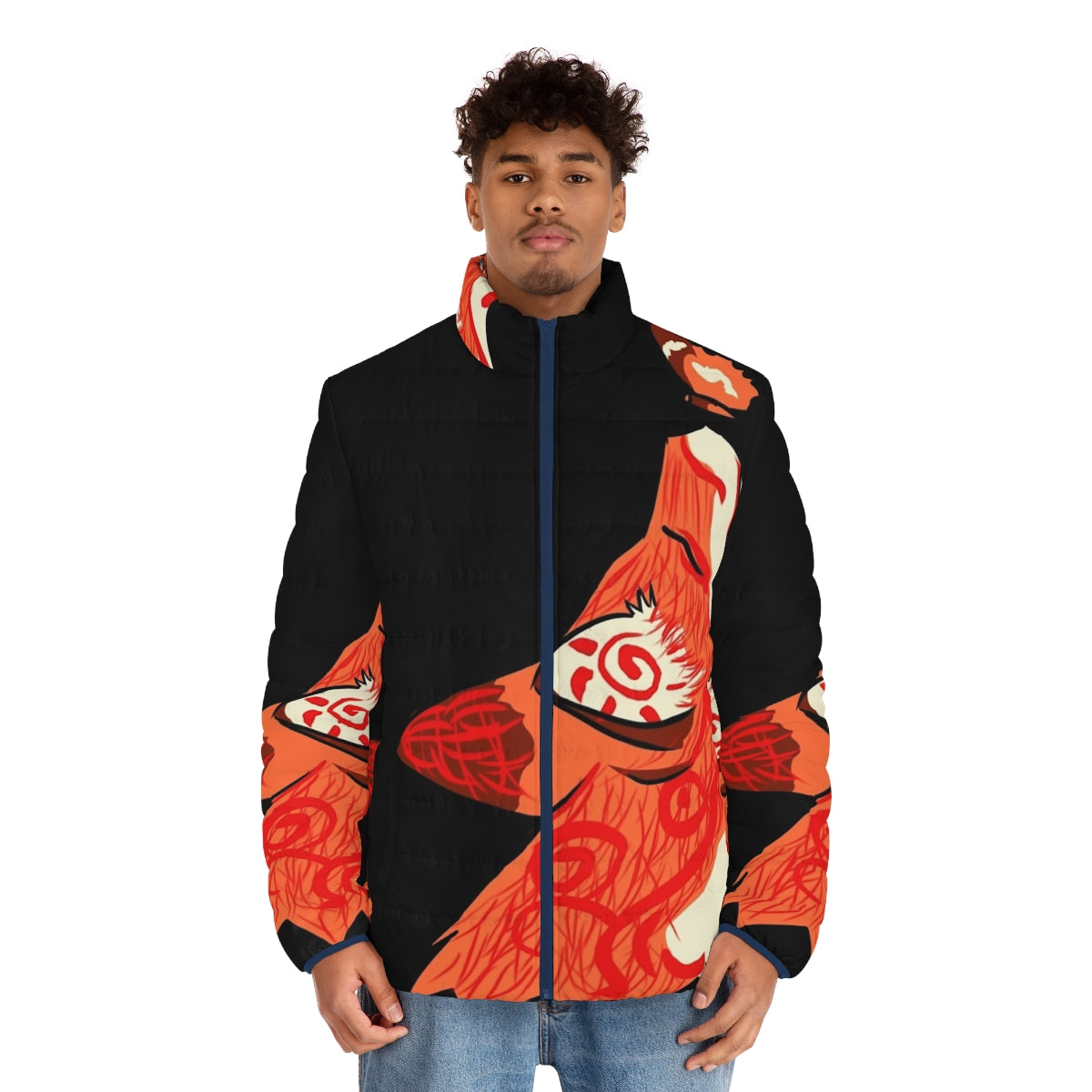 Kitsune spirit red fox puffer jacket with fall and autumn design - men front