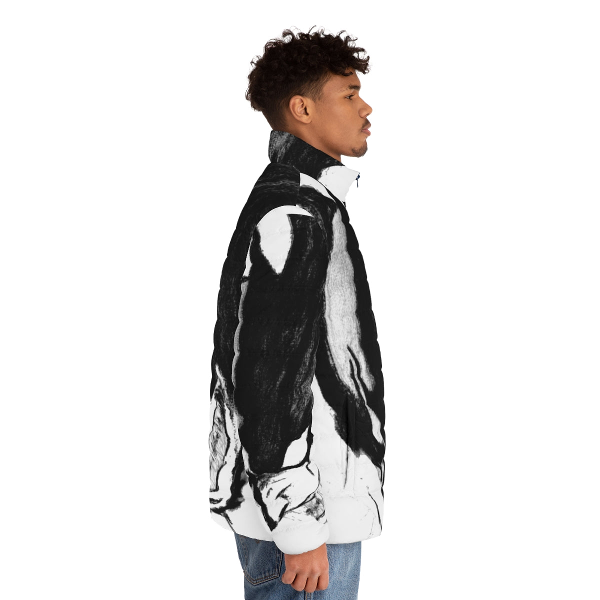 Devilman Crybaby anime-inspired puffer jacket with black and white superhero design - men side right