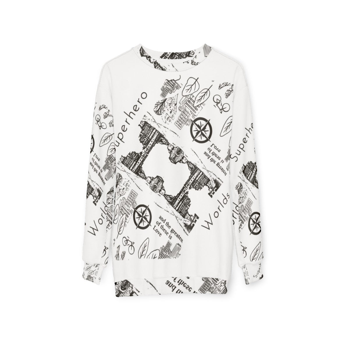 Superhero Worlds Dimensional Sweatshirt featuring a cinematic superhero graphic - hanging