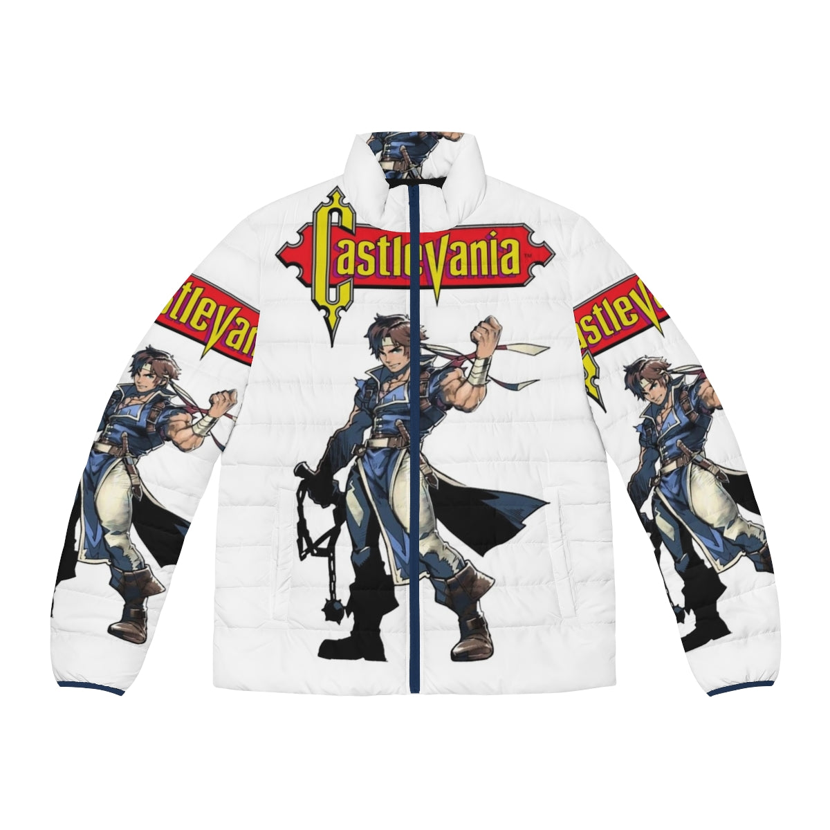 Castlevania inspired puffer jacket featuring characters like Alucard, Trevor Belmont, and Sypha Belnades