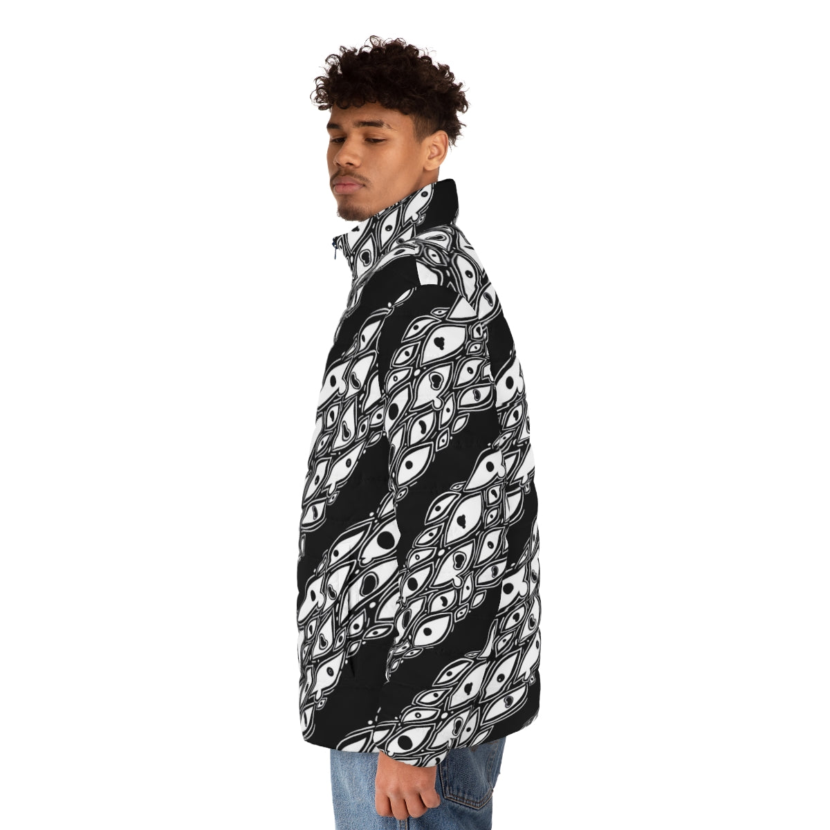 Puffer jacket with an unsettling eyes pattern design - perfect for Halloween and horror enthusiasts. - men side left