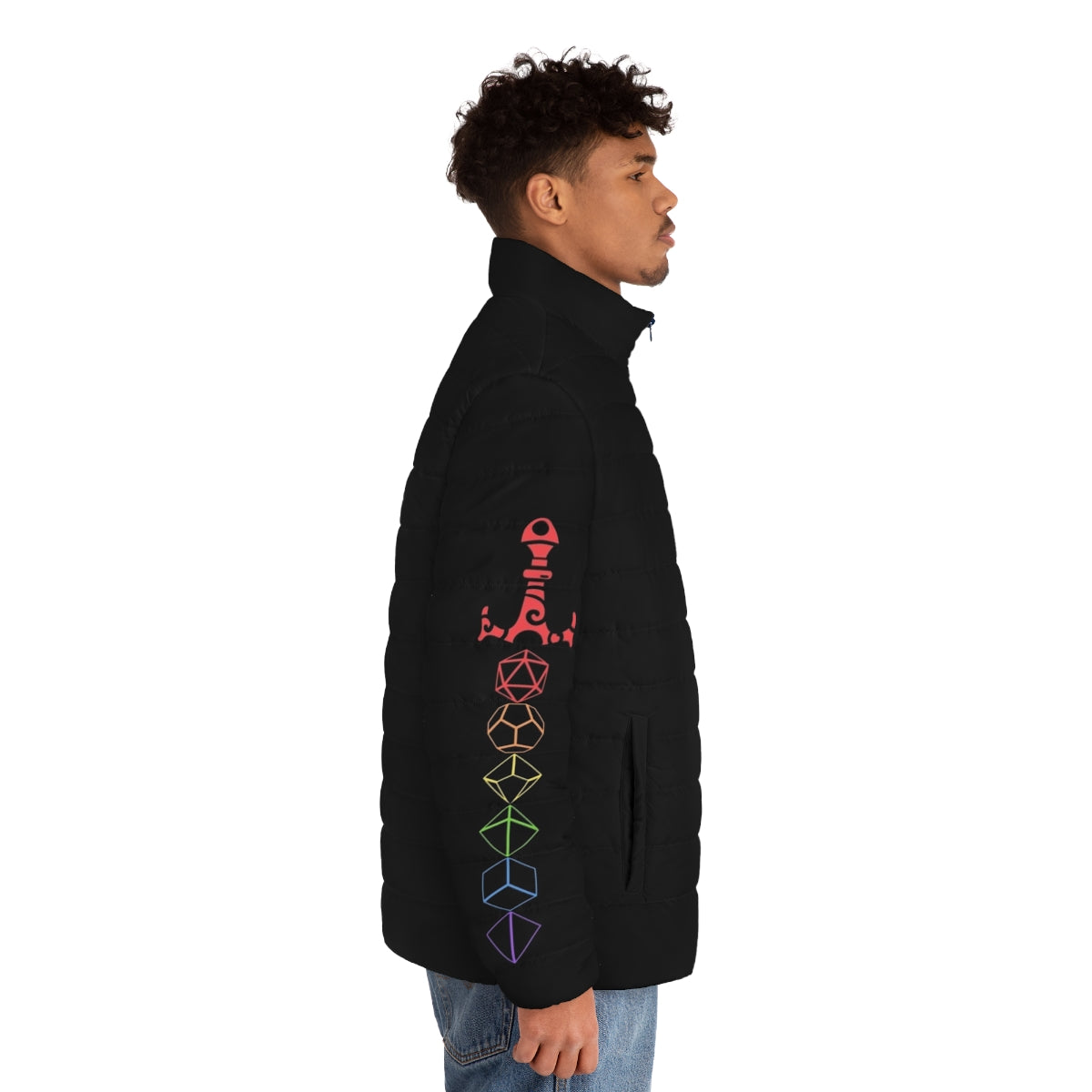 Puffer jacket with dice and Dungeons & Dragons themed design - men side right