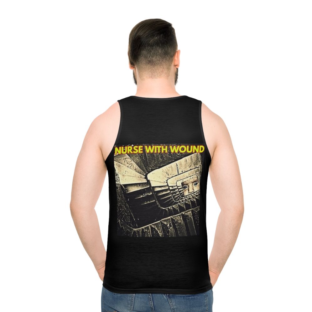 Unisex tank top featuring industrial and experimental music artwork - men back