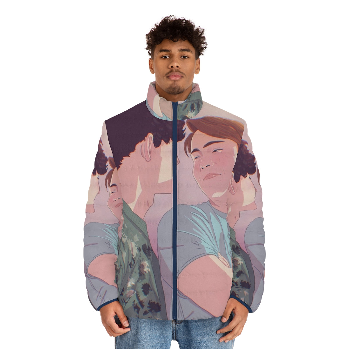 Heartstopper Charlie and Nick Puffer Jacket featuring the characters from the LGBT graphic novel and Netflix series - men front