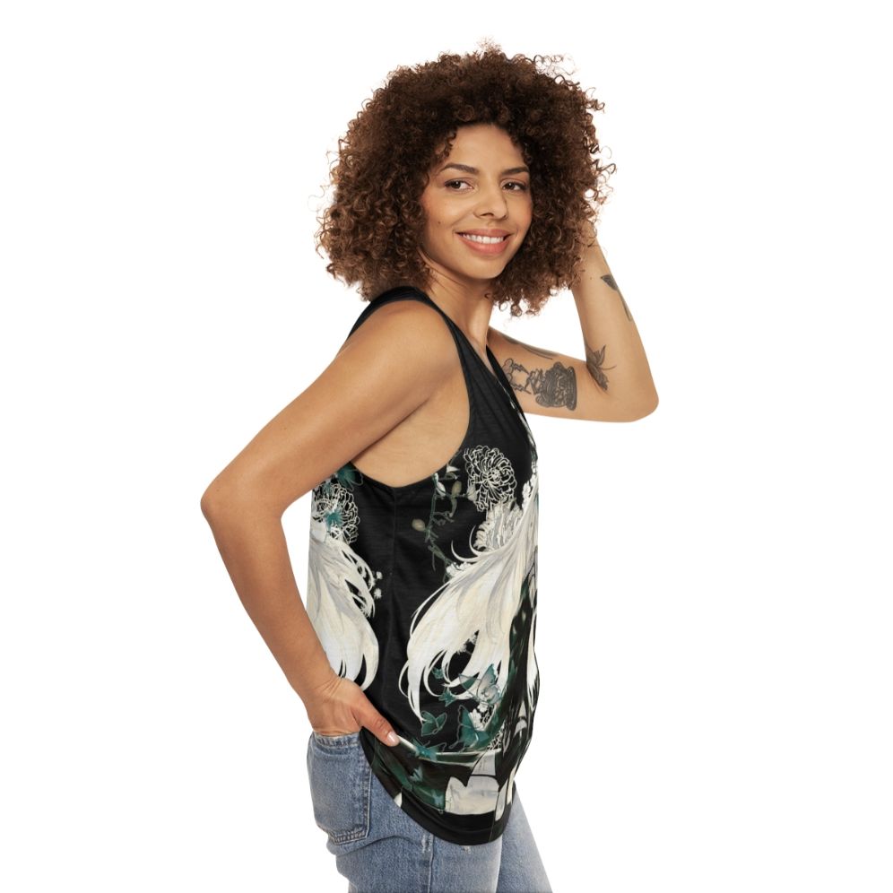 Unisex tank top with butterfly and floral design in a dark, fantasy style - women side