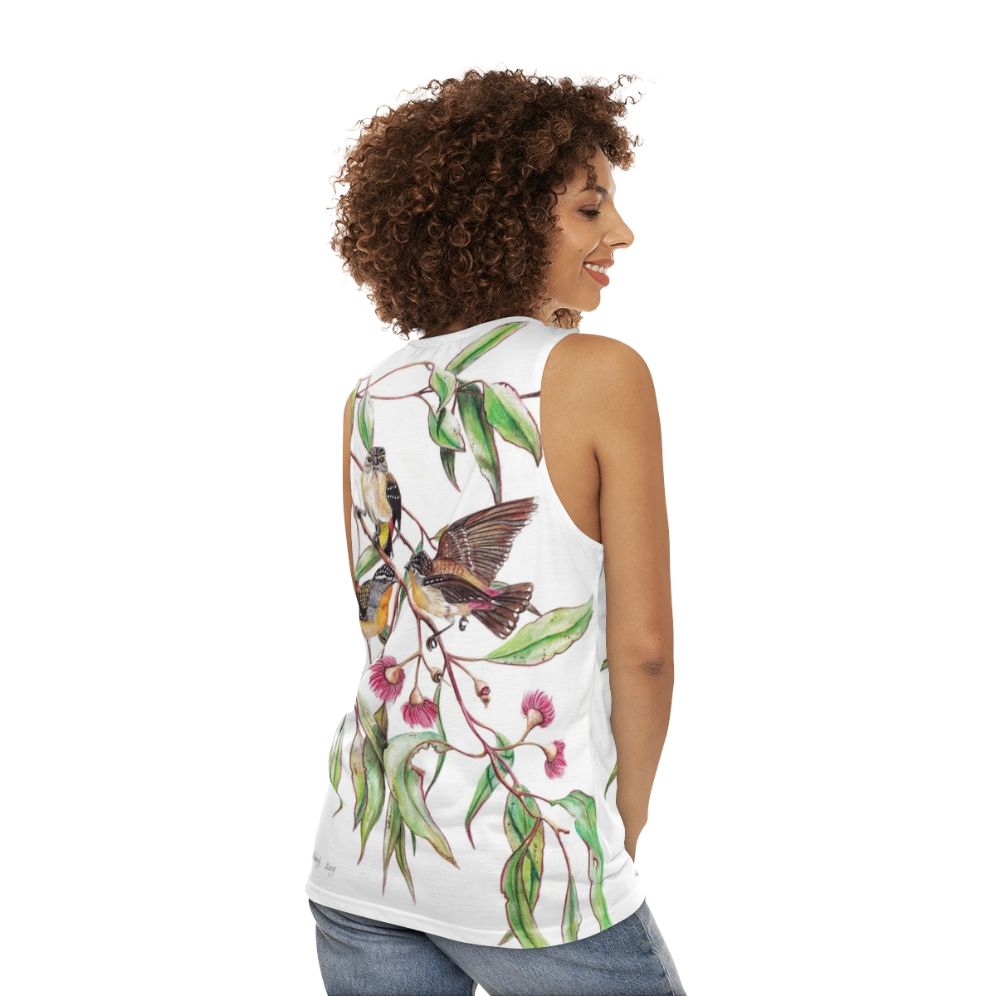 Spotted pardalotes on pink flowering gum unisex tank top - women back