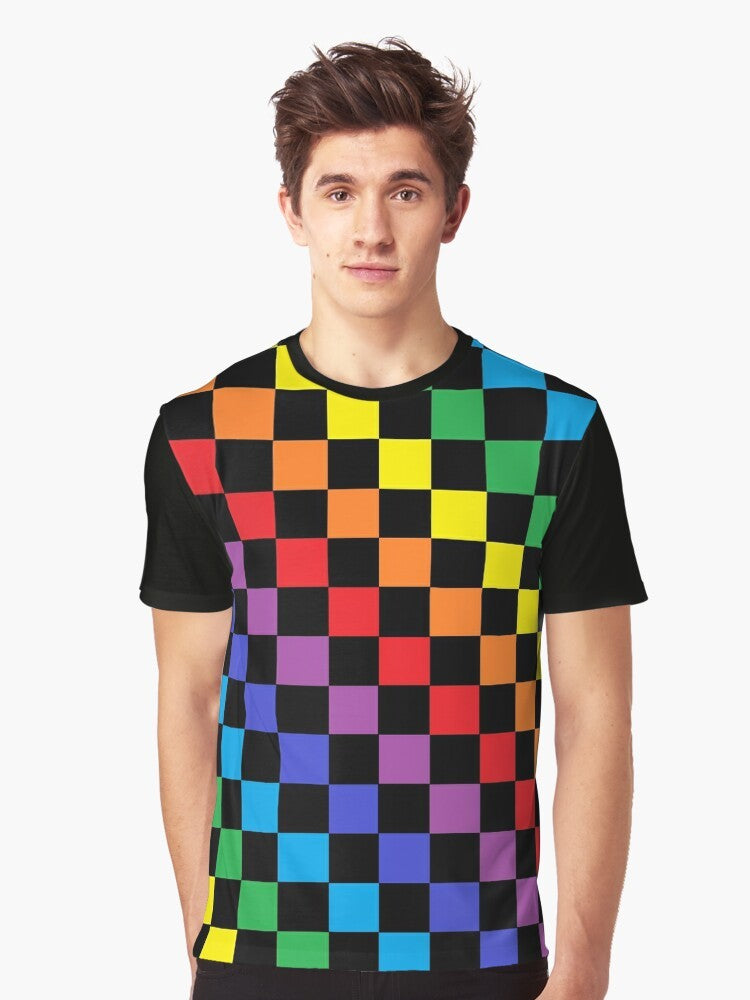 Colorful checkered rainbow graphic design on a black t-shirt - Men