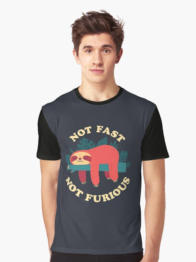 A cute and humorous graphic t-shirt featuring a sloth character sleeping peacefully with the text "Not Fast, Not Furious". - Men