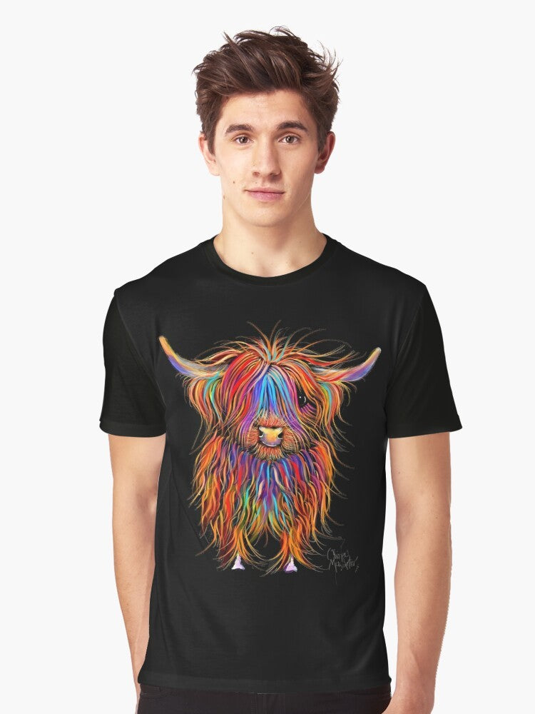 Graphic t-shirt featuring a hand-painted highland cow design by artist Shirley MacArthur. - Men