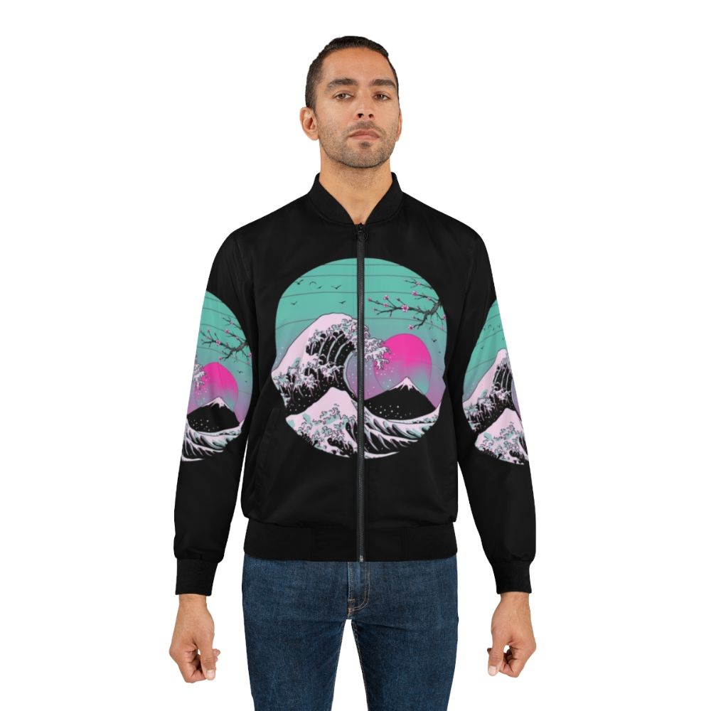 Retro 80s bomber jacket with Japanese inspired great wave design - Lifestyle