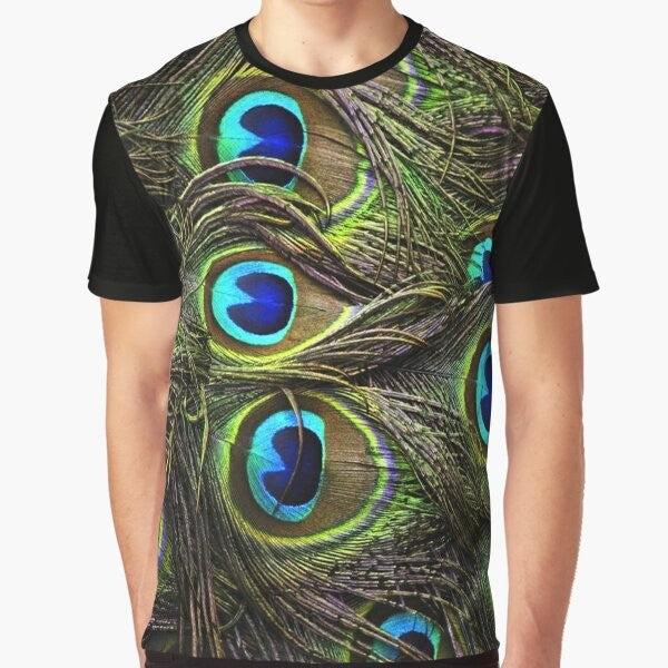 Colorful graphic t-shirt featuring a vibrant peacock feather design