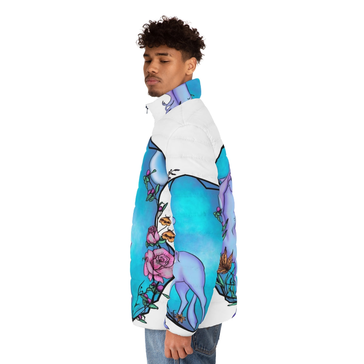 Whimsical watercolor unicorn design on a cozy puffer jacket - men side left