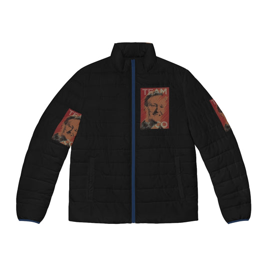 Team Coco Red Orange Puffer Jacket - Conan Obrien inspired winter coat with portrait line art design