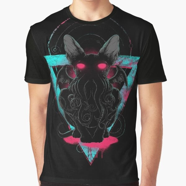 Surreal Cathulhu II graphic t-shirt featuring a cat-like creature with octopus tentacles against a grunge background.