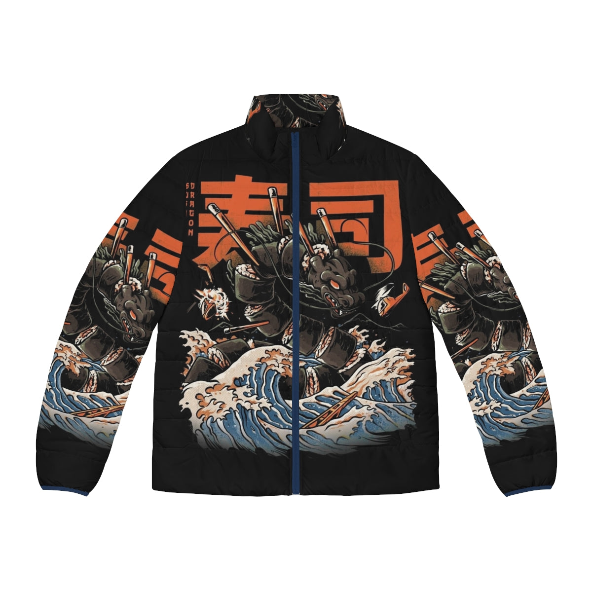 Black puffer jacket with sushi dragon graphic design