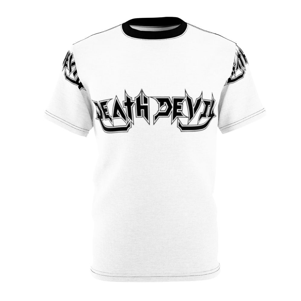 Anime-inspired t-shirt featuring the K-On band logo and a striking devil design