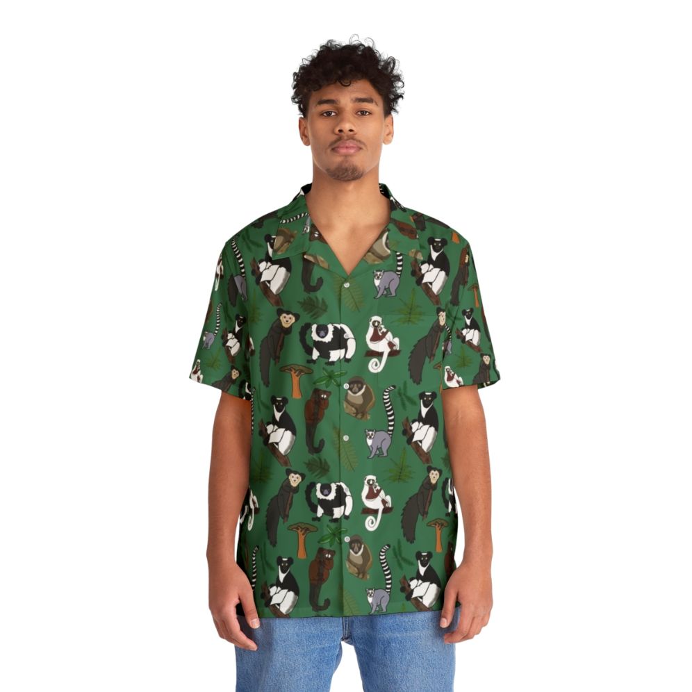 Model wearing a colorful lemur pattern Hawaiian shirt - People Front