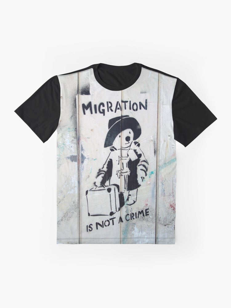 "Migration Is Not A Crime" political graphic t-shirt design - Flat lay