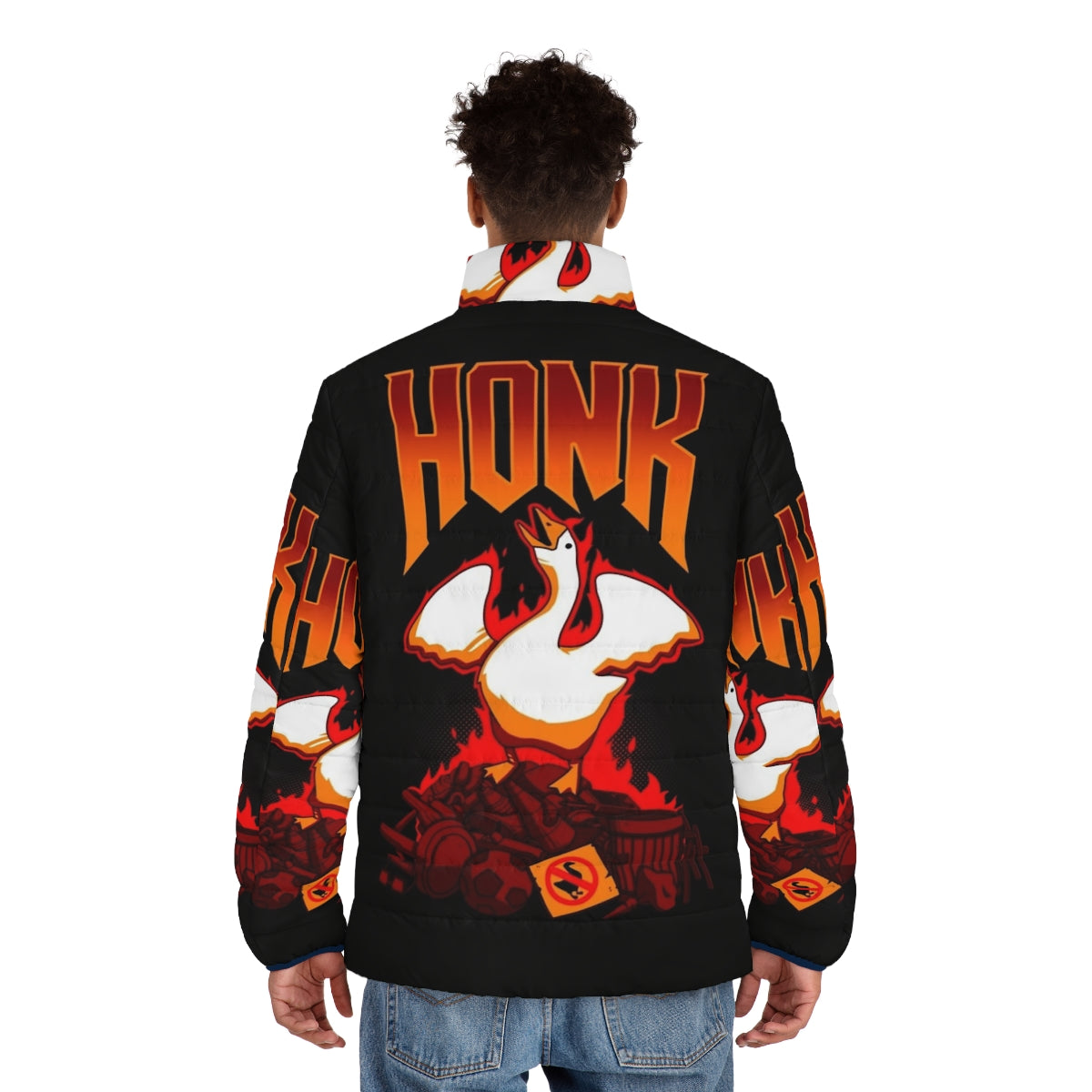 Honk Puffer Jacket featuring a gaming goose graphic for gamers and geeks - men back