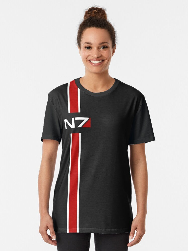 N7 emblem graphic t-shirt featuring Commander Shepard from the Mass Effect video game series - Women