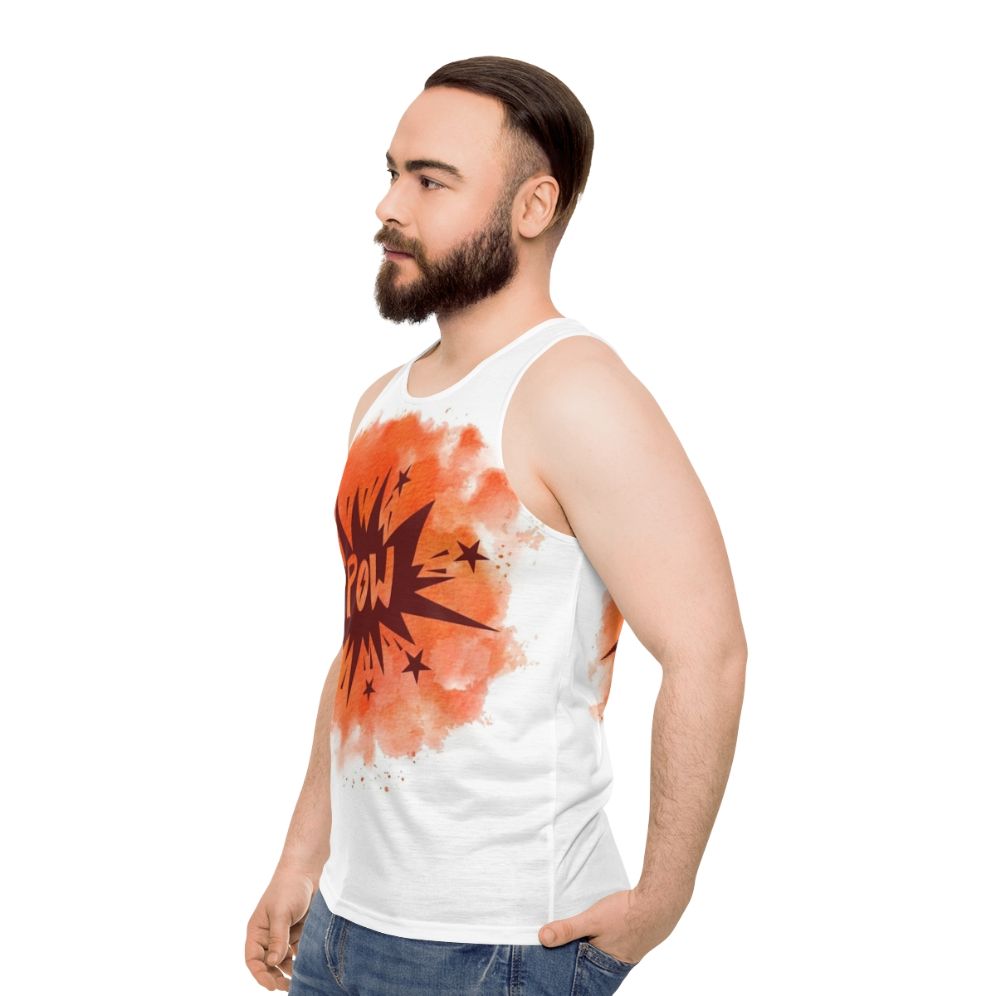 Watercolor superhero graphic on unisex tank top - men side