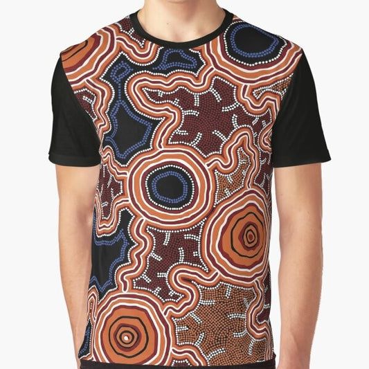 Authentic Aboriginal Art Pathways to Water Graphic T-Shirt featuring traditional indigenous artwork with dots, kangaroos, emus, and earth tones.