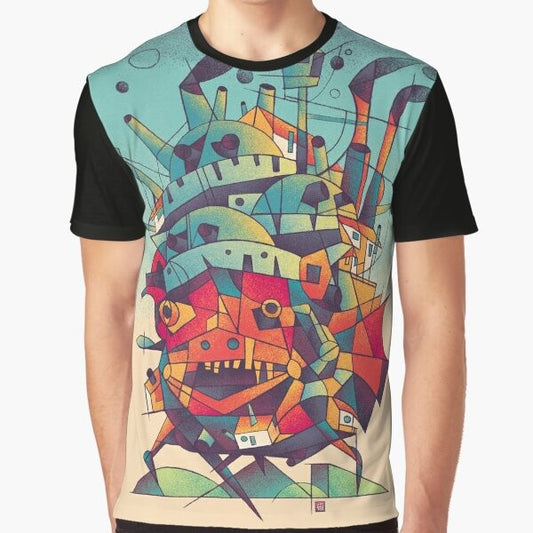 Cubist-inspired graphic t-shirt featuring a moving castle design in the style of anime and manga