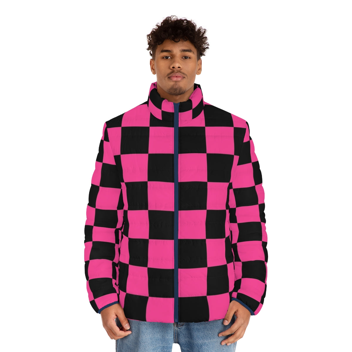 Black and pink checkerboard pattern puffer jacket for women - men front