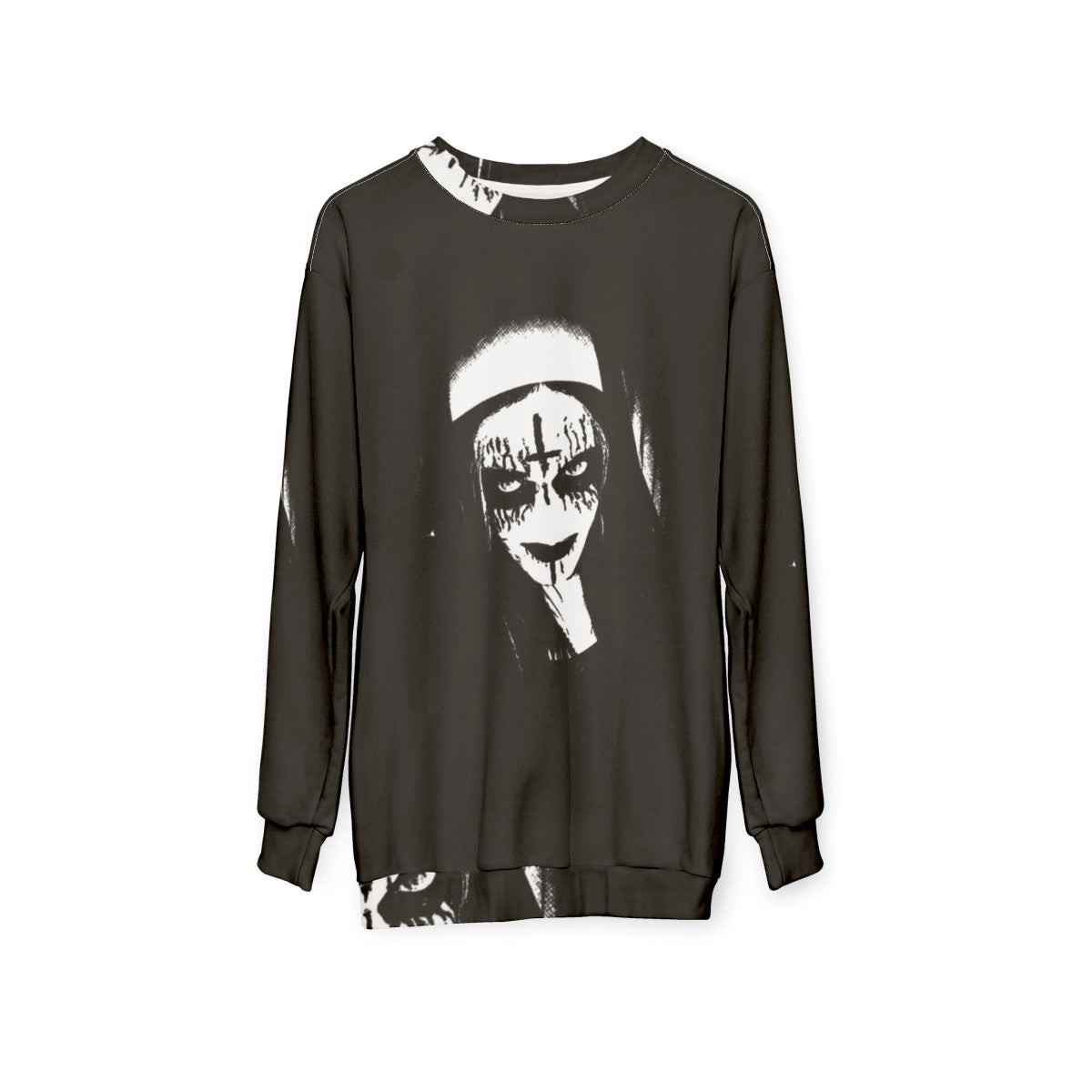 Satanic Sweatshirt with Corpse Paint and Nun Design - hanging