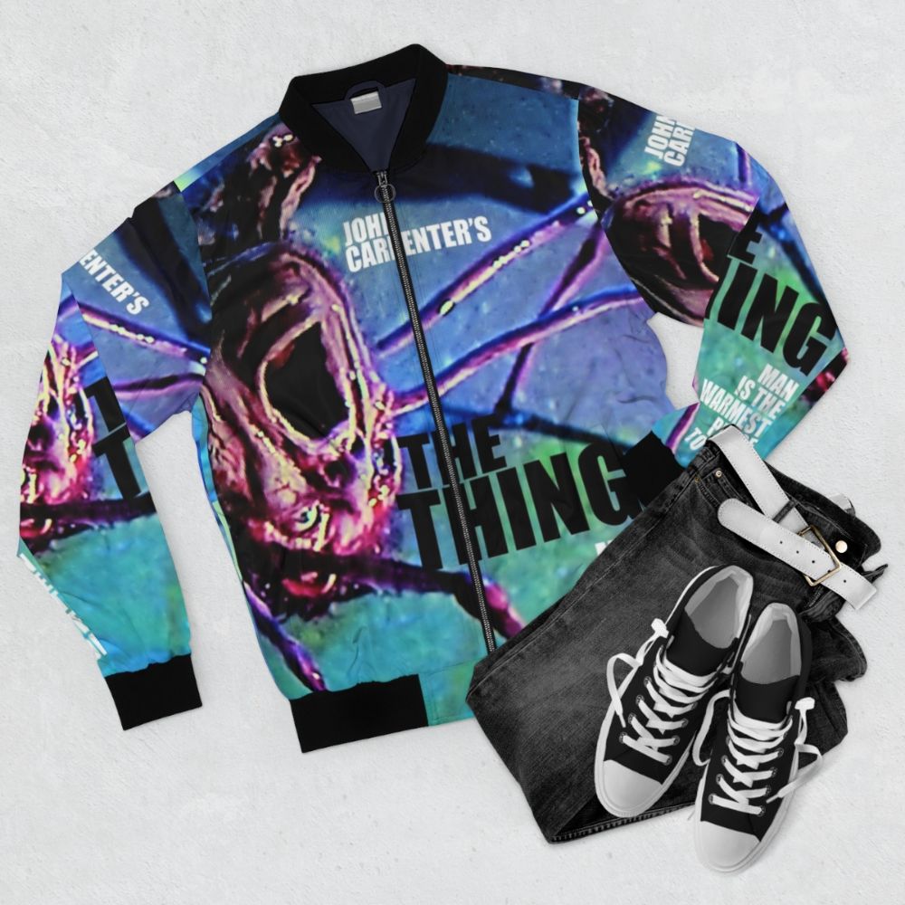 The Thing Inspired Bomber Jacket with Sci-Fi and Horror Themes - Flat lay