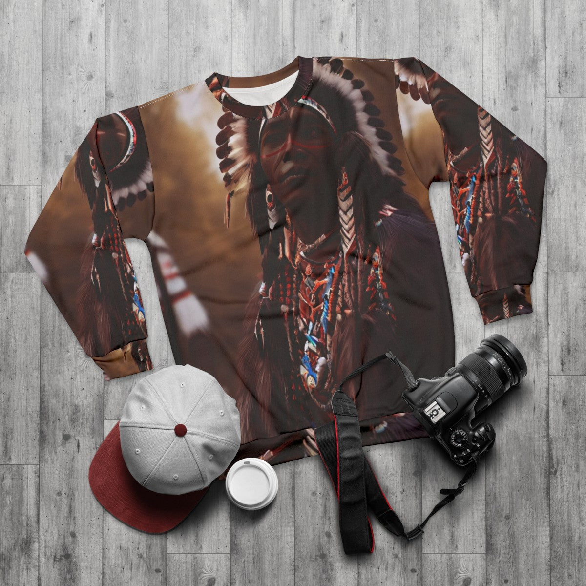 Three Chiefs Native American Sweatshirt with Indigenous Designs - flat lay