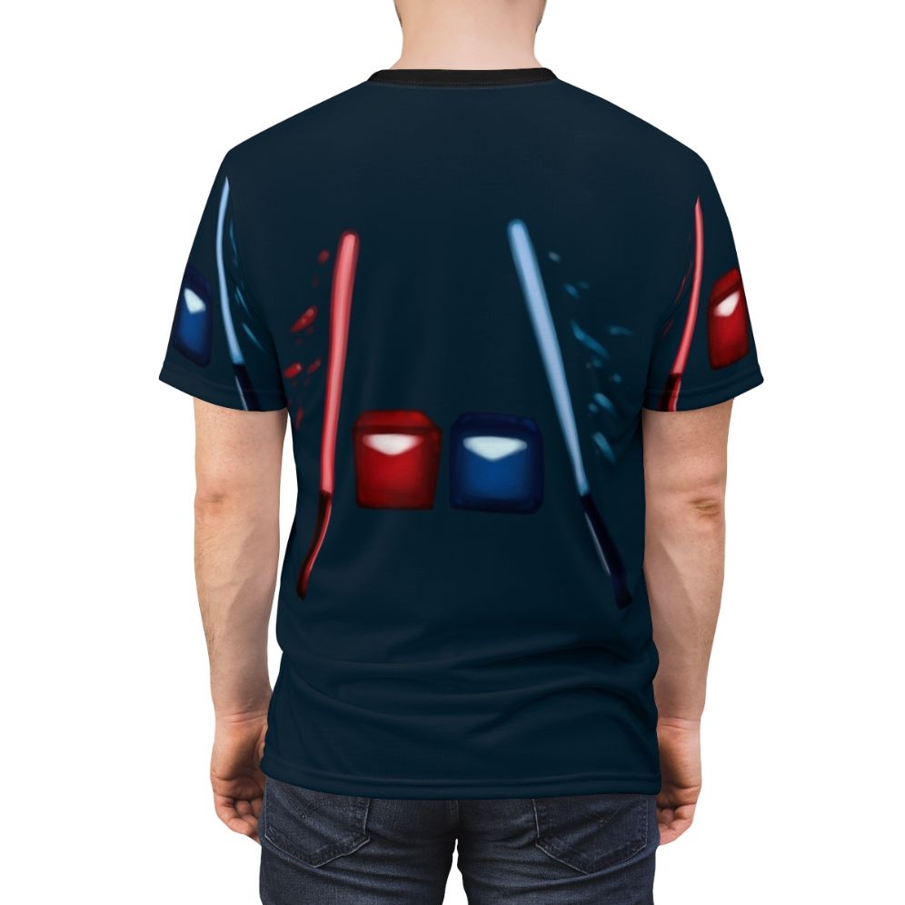 Artsy Beat Saber-inspired virtual reality gaming t-shirt - men back