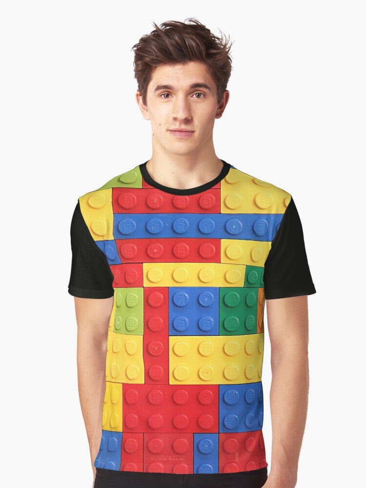 Colorful graphic t-shirt featuring a design of lego bricks in various colors and patterns - Men