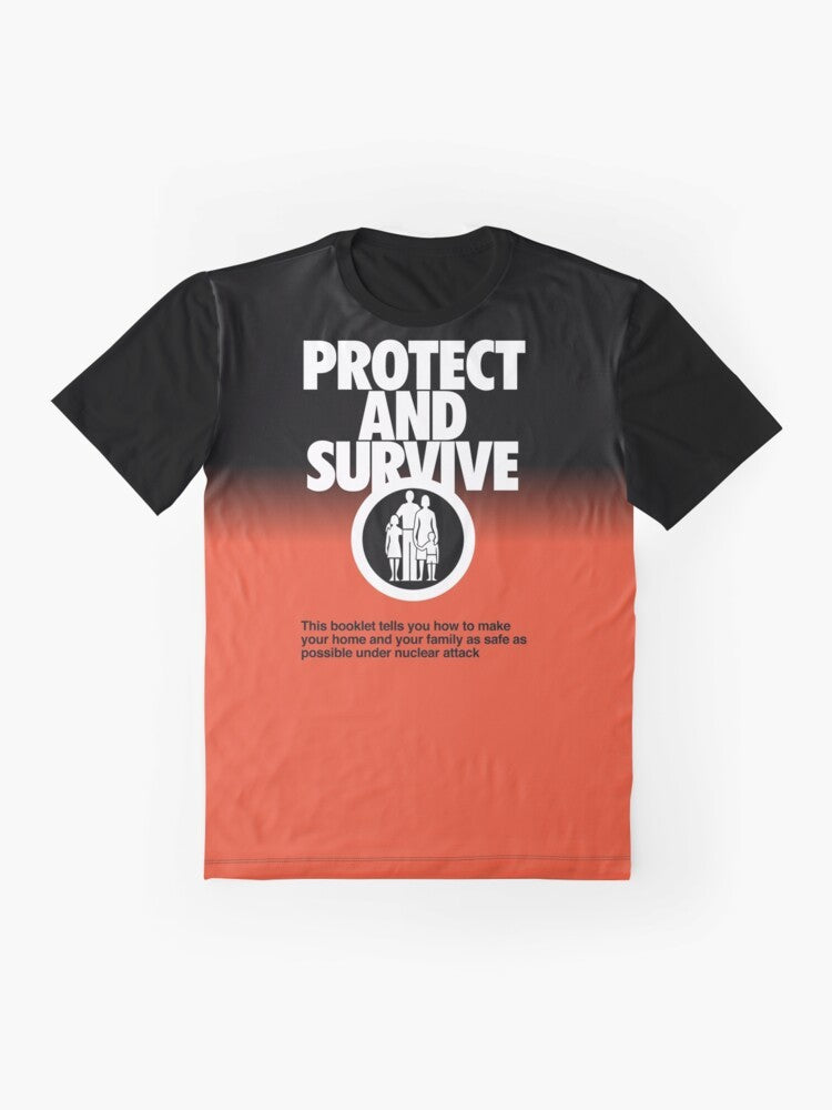 Graphic t-shirt with "Protect and Survive" design depicting nuclear fallout and radiation symbols - Flat lay