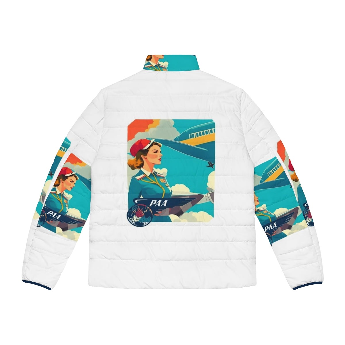 Pan Am puffer jacket featuring vintage airline uniform design and retro aviation graphics - Back