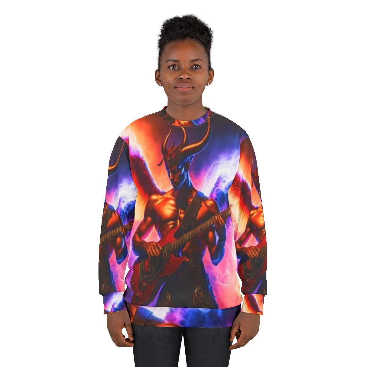 Satanic electric guitar sweatshirt with dark horror art design - women