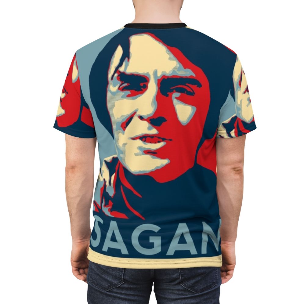 A high-quality T-shirt featuring a cosmic design inspired by the work of renowned astrophysicist Carl Sagan. - men back