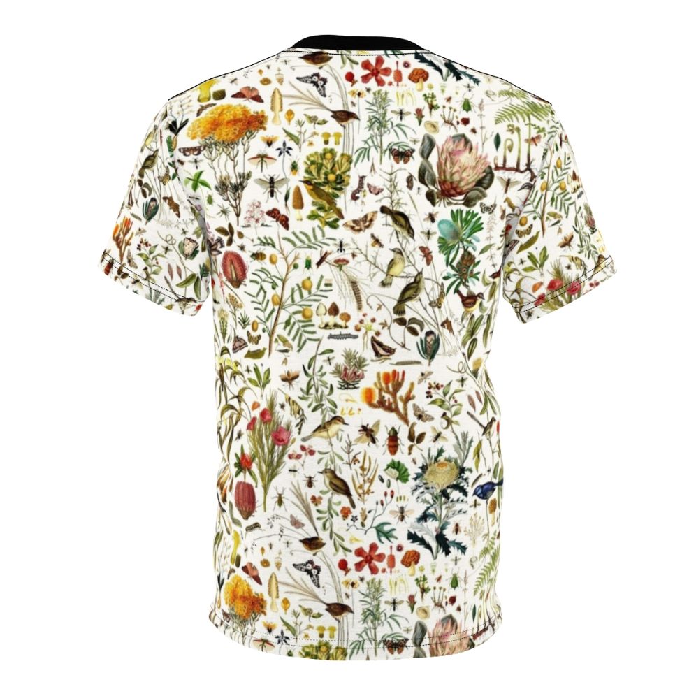 Detailed, colorful t-shirt design featuring a repeating pattern of Australian flora and fauna, including butterflies, birds, and native plants. - Back